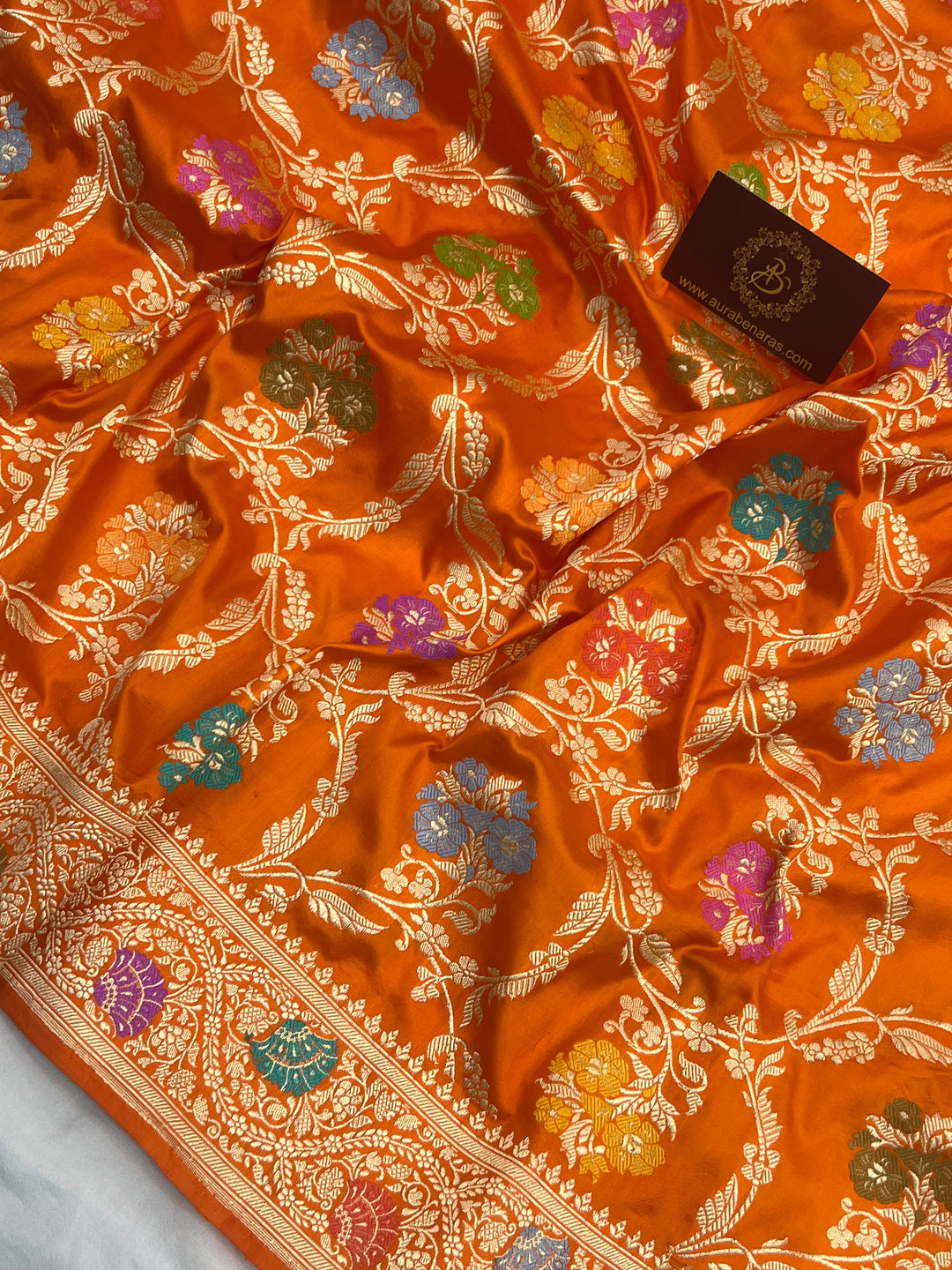 Orange Pure Katan Silk Handloom Banarasi Saree
