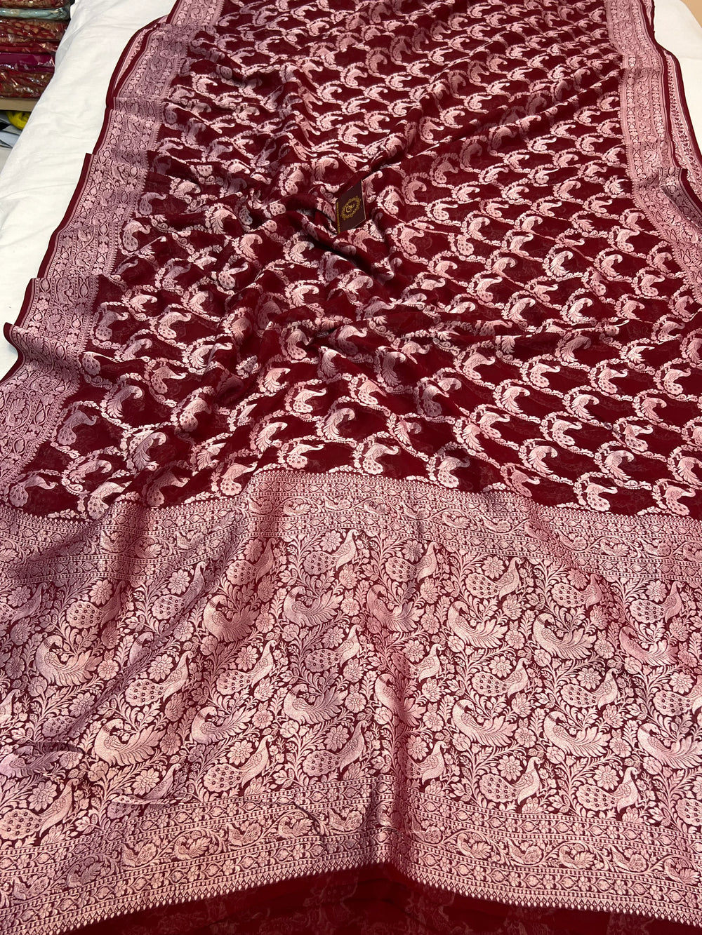 Maroon Pure Khaddi Georgette Banarasi Saree with Shikargah Jaal