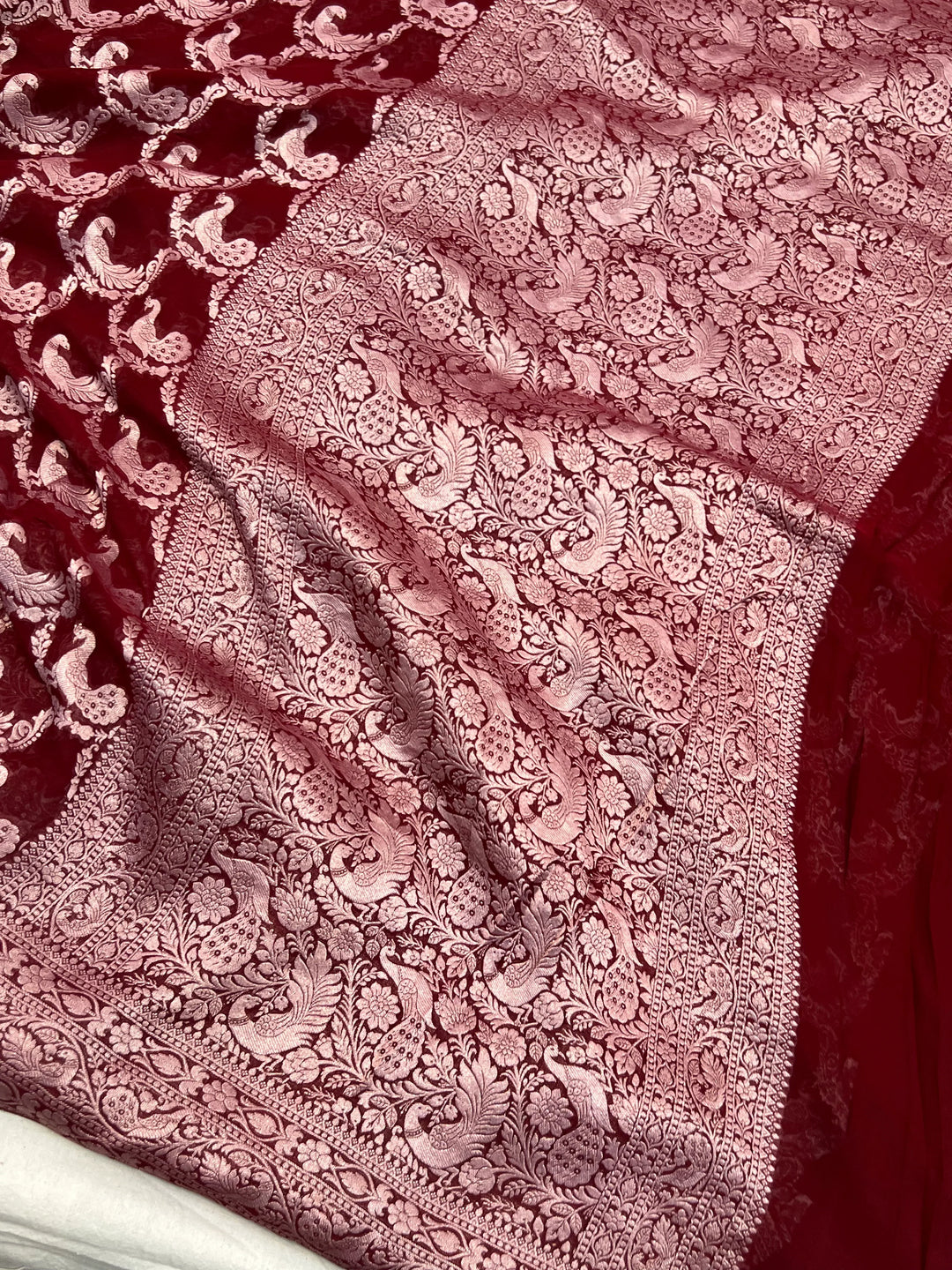 Maroon Pure Khaddi Georgette Banarasi Saree with Shikargah Jaal