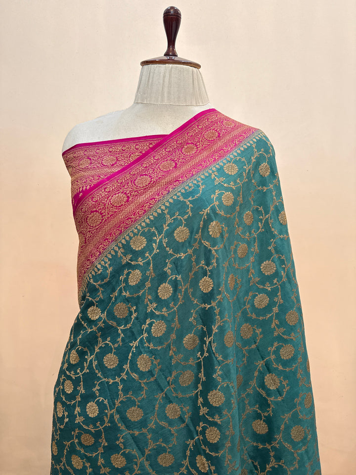 Rama Blue Pure Crepe Silk Handloom Banarasi Saree