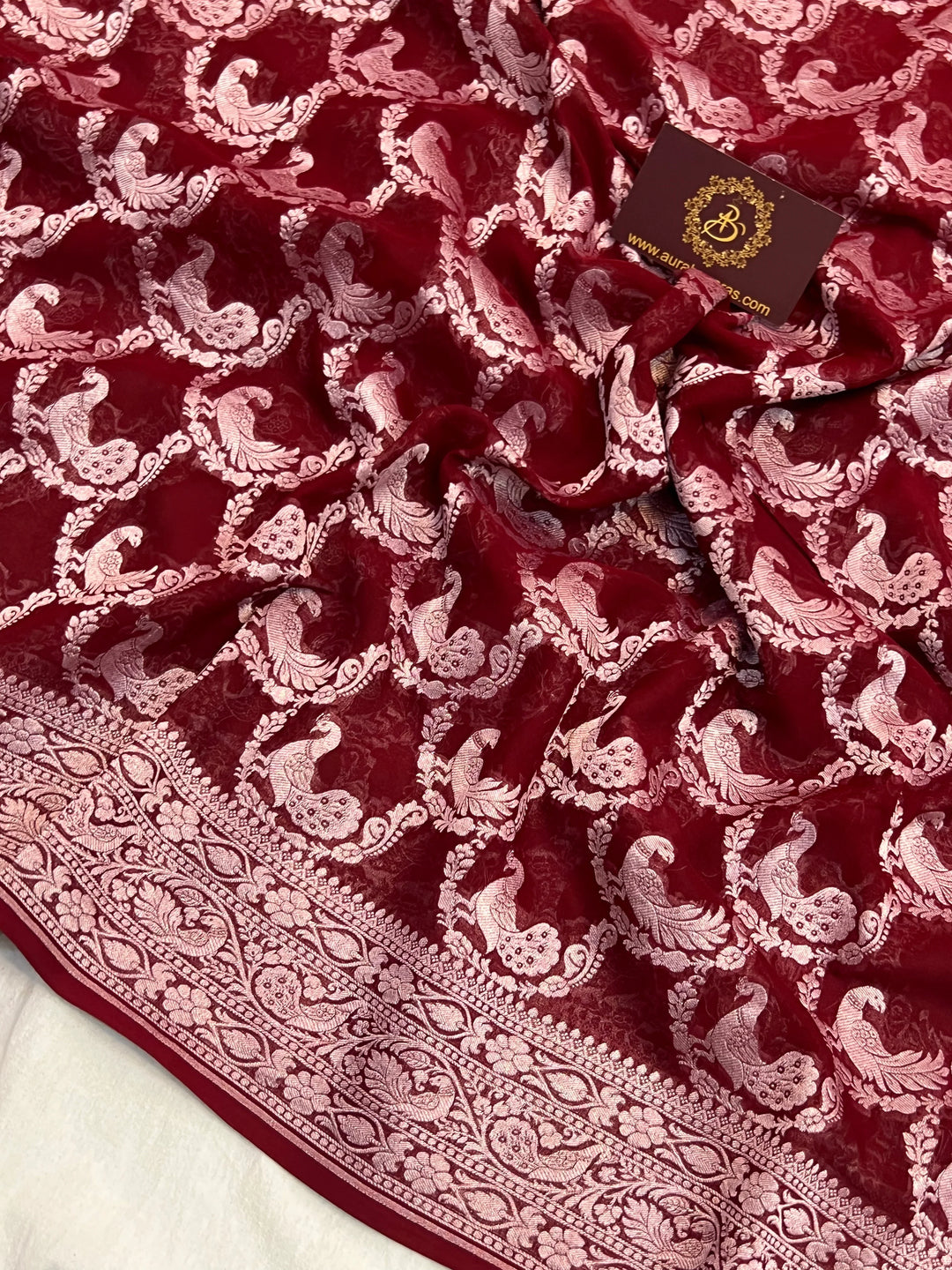 Maroon Pure Khaddi Georgette Banarasi Saree with Shikargah Jaal