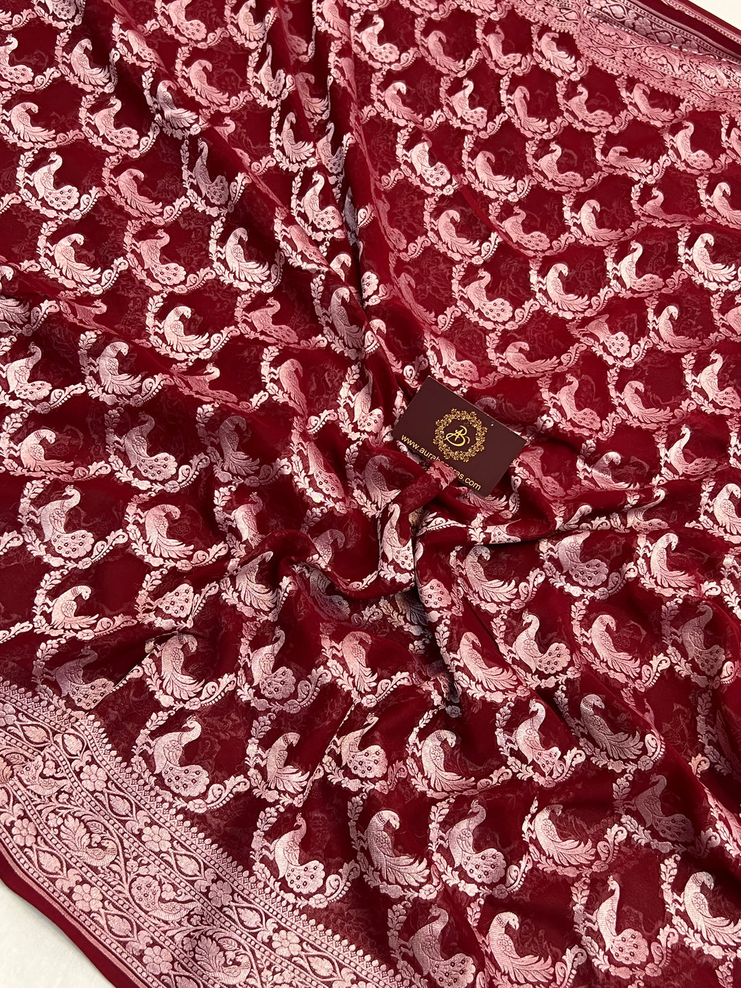 Maroon Pure Khaddi Georgette Banarasi Saree with Shikargah Jaal