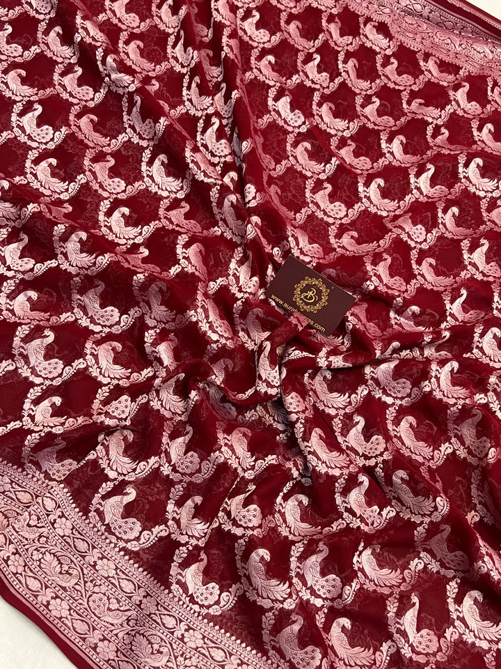 Maroon Pure Khaddi Georgette Banarasi Saree with Shikargah Jaal