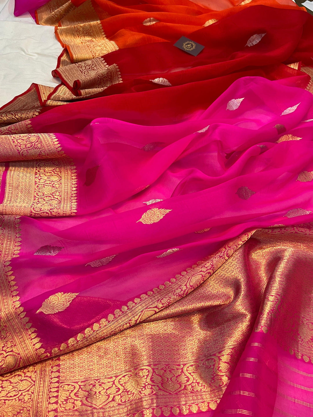 Orange - Red - Rani Shaded Banarasi Handloom Kora Silk Saree - Aura Benaras
