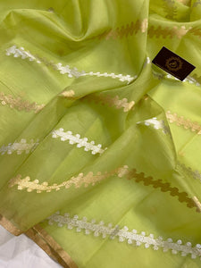 Dusky Green Banarasi Handloom Kora Silk Saree - Aura Benaras