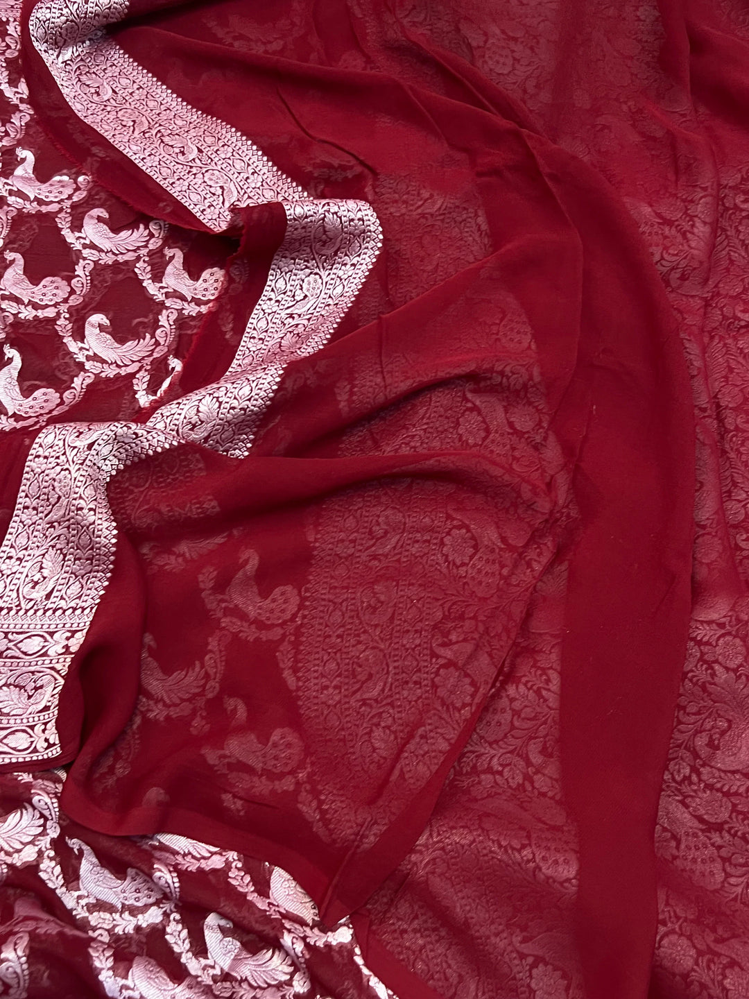 Maroon Pure Khaddi Georgette Banarasi Saree with Shikargah Jaal