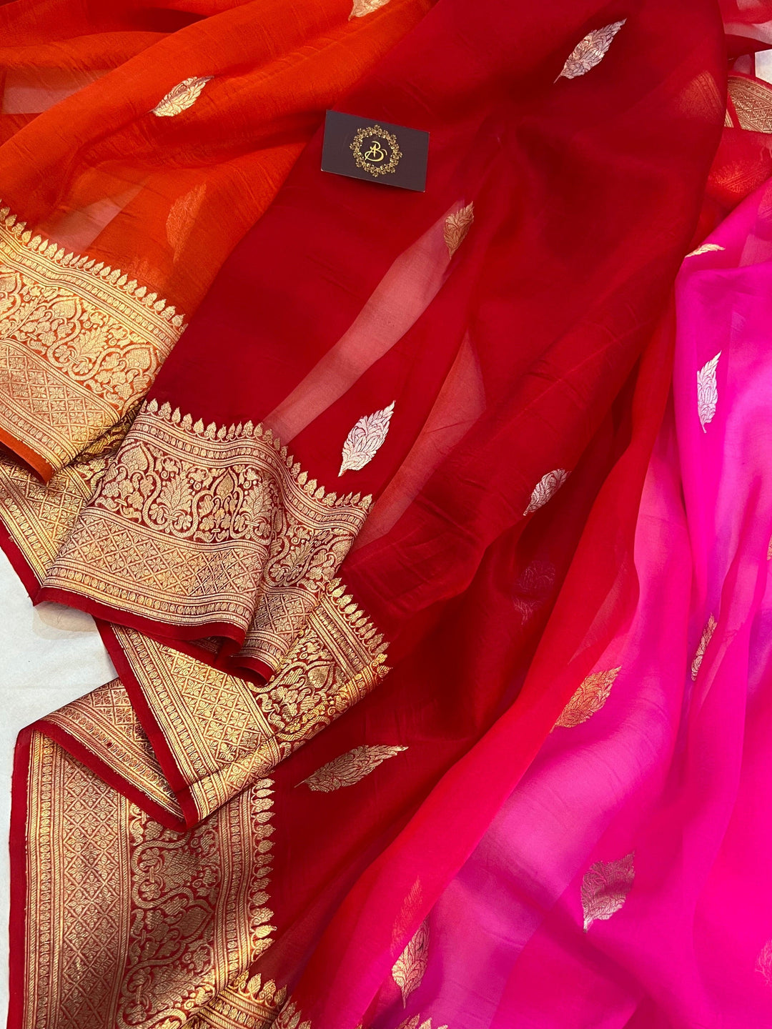 Orange - Red - Rani Shaded Banarasi Handloom Kora Silk Saree - Aura Benaras