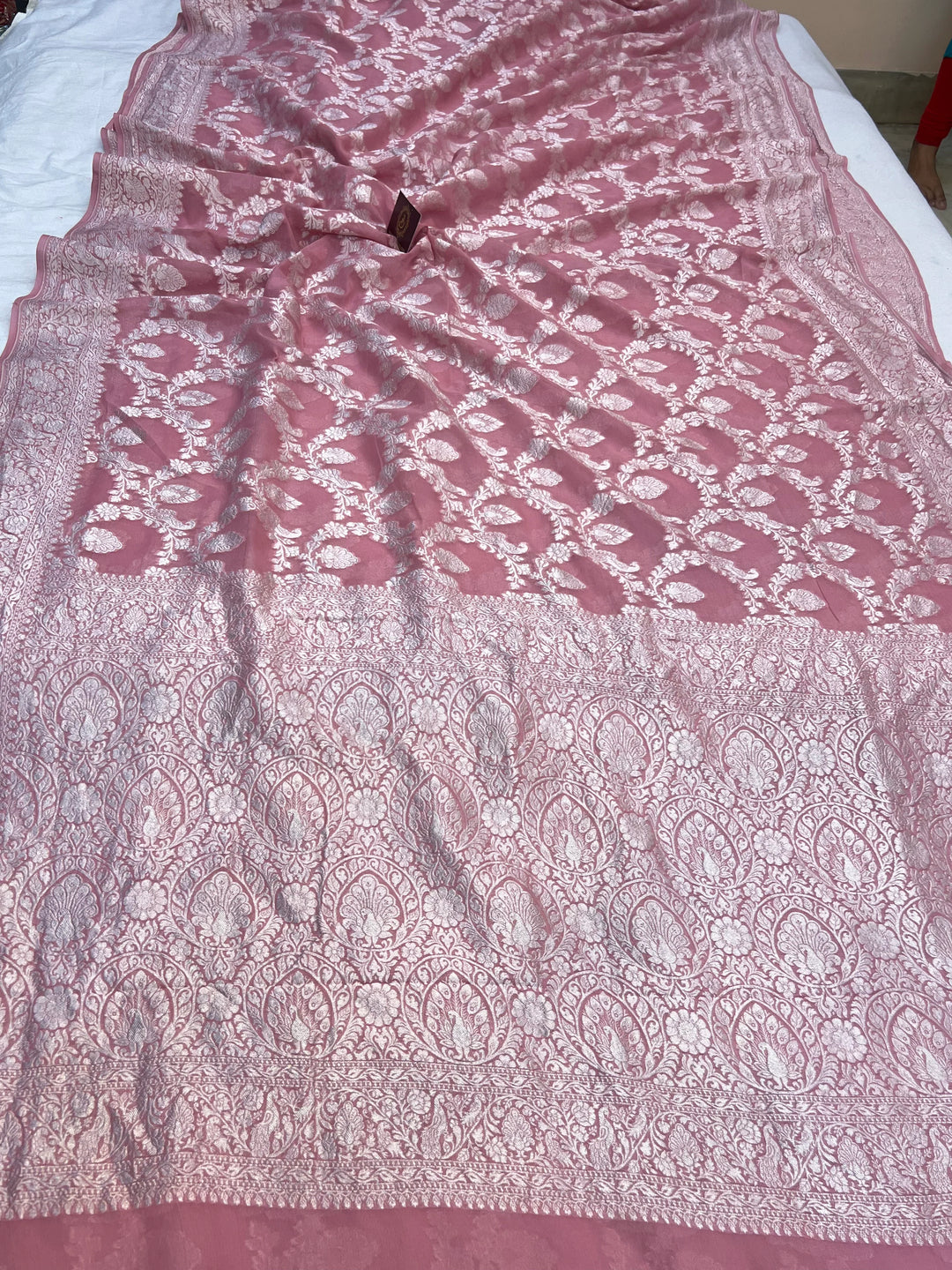 Onion Pure Khaddi Georgette Banarasi Saree with Shikargah Jaal