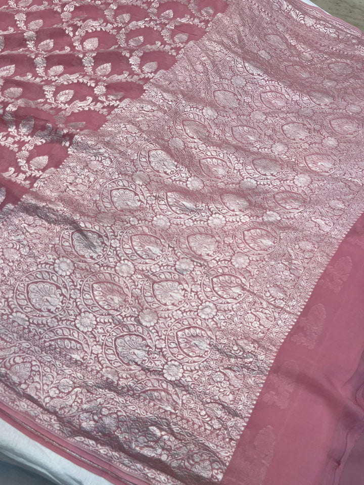 Onion Pure Khaddi Georgette Banarasi Saree with Shikargah Jaal