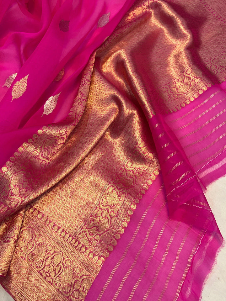 Orange - Red - Rani Shaded Banarasi Handloom Kora Silk Saree - Aura Benaras