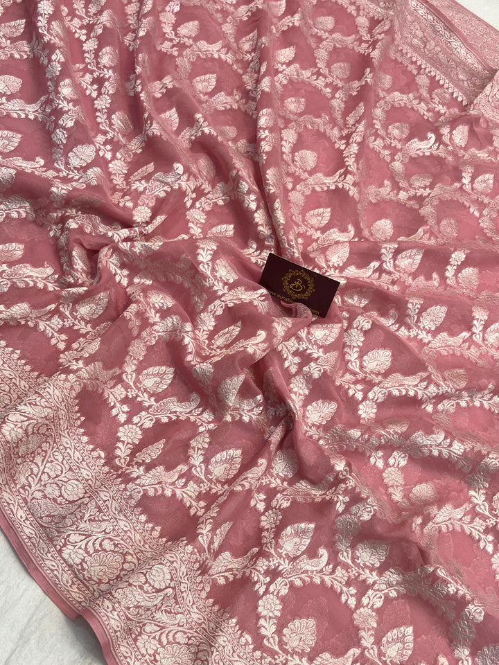 Onion Pure Khaddi Georgette Banarasi Saree with Shikargah Jaal