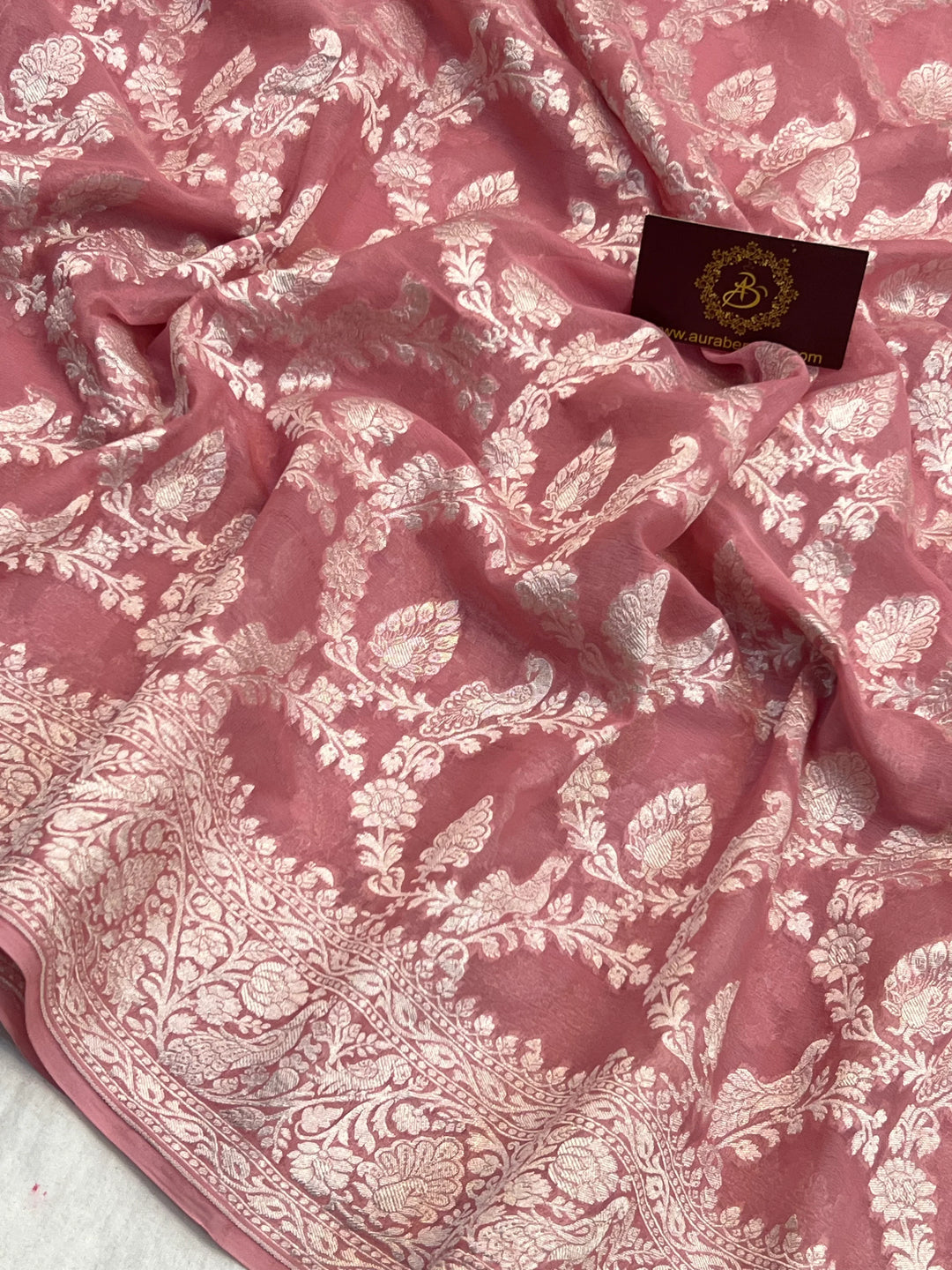 Onion Pure Khaddi Georgette Banarasi Saree with Shikargah Jaal