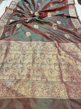 Greenish Red Banarasi Handloom Katan Silk Saree - Aura Benaras