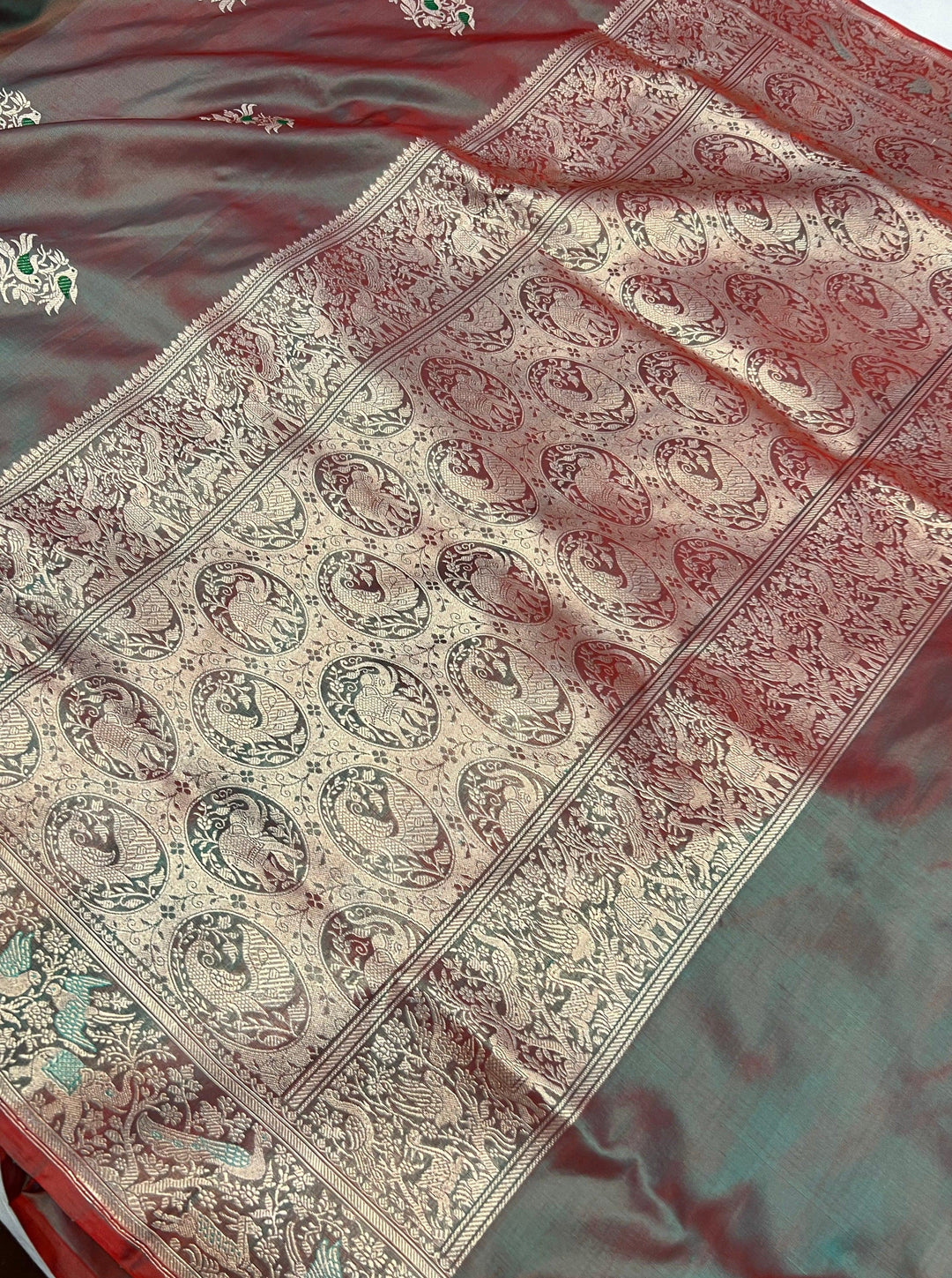 Greenish Red Banarasi Handloom Katan Silk Saree - Aura Benaras