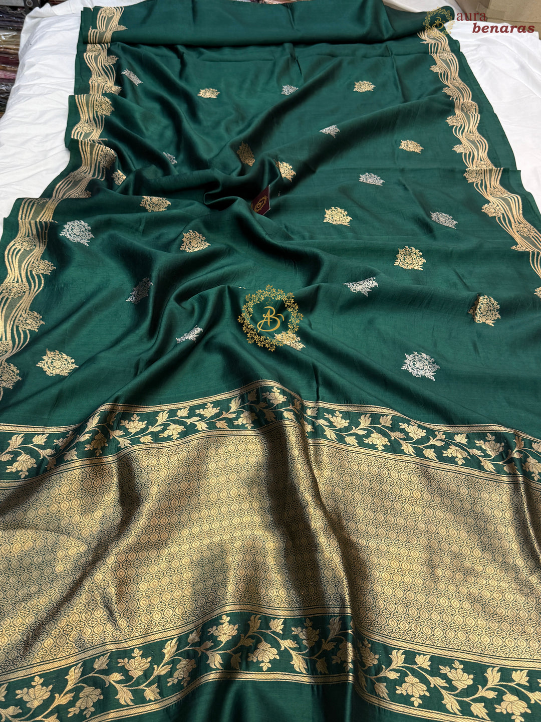 Bottle Green Pure Silk Handloom Banarasi Saree