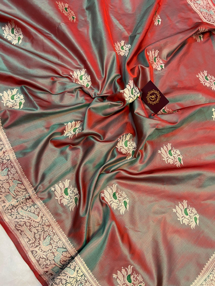 Greenish Red Banarasi Handloom Katan Silk Saree - Aura Benaras