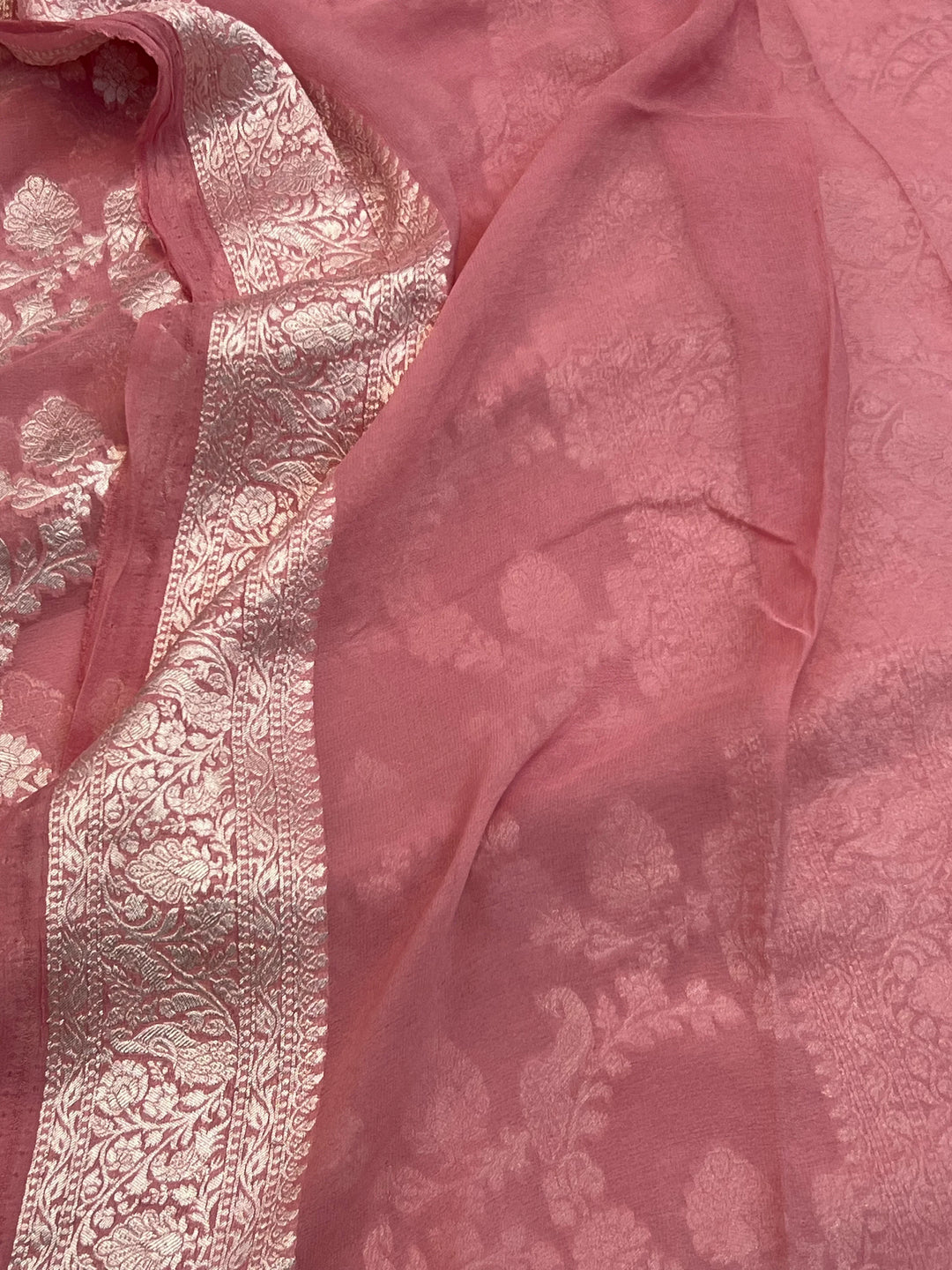 Onion Pure Khaddi Georgette Banarasi Saree with Shikargah Jaal