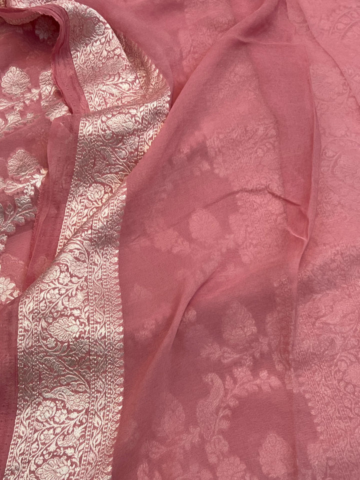 Onion Pure Khaddi Georgette Banarasi Saree with Shikargah Jaal