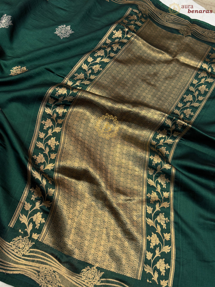 Bottle Green Pure Silk Handloom Banarasi Saree