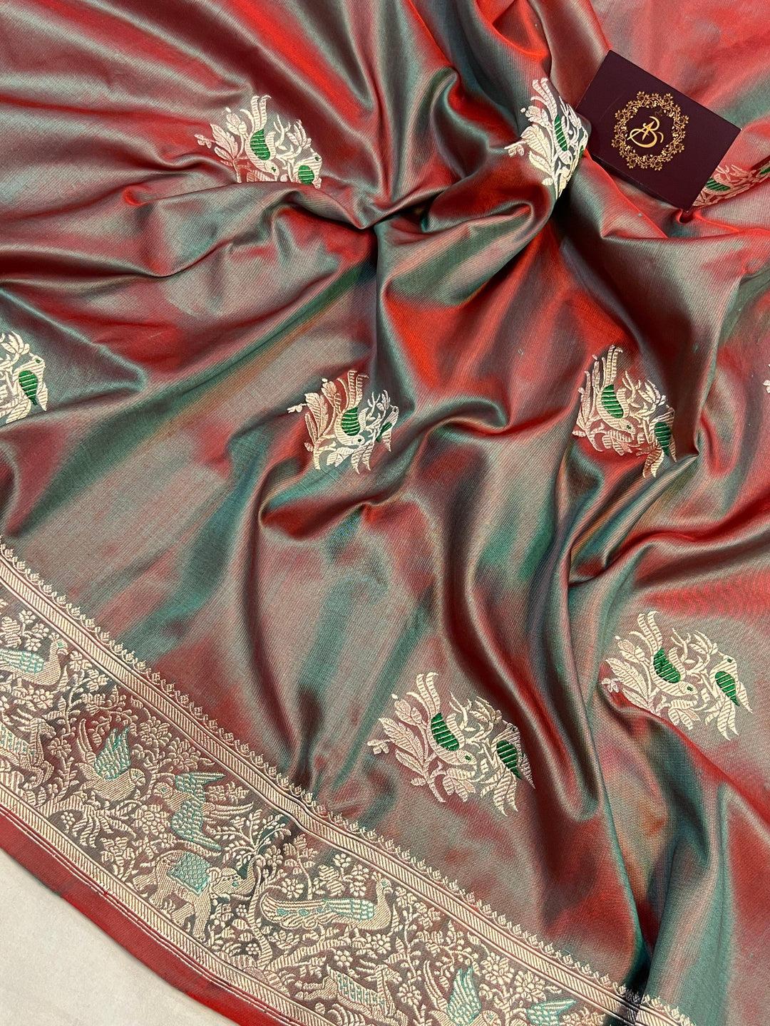 Greenish Red Banarasi Handloom Katan Silk Saree - Aura Benaras
