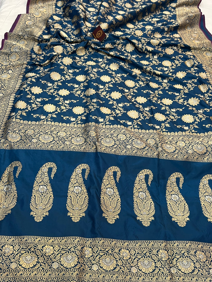 Teal Blue Pure Katan Silk Handloom Banarasi Saree