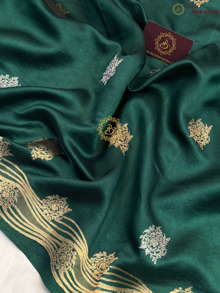 Bottle Green Pure Silk Handloom Banarasi Saree