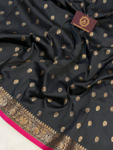 Black Banarasi Handloom Soft Silk Saree - Aura Benaras