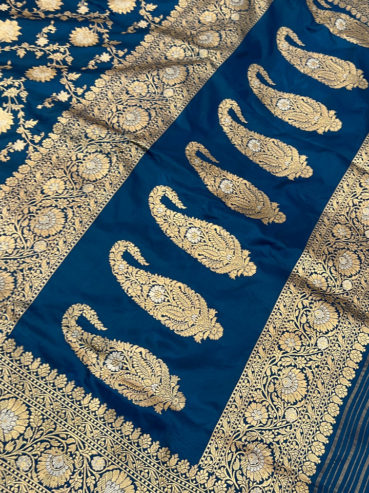 Teal Blue Pure Katan Silk Handloom Banarasi Saree