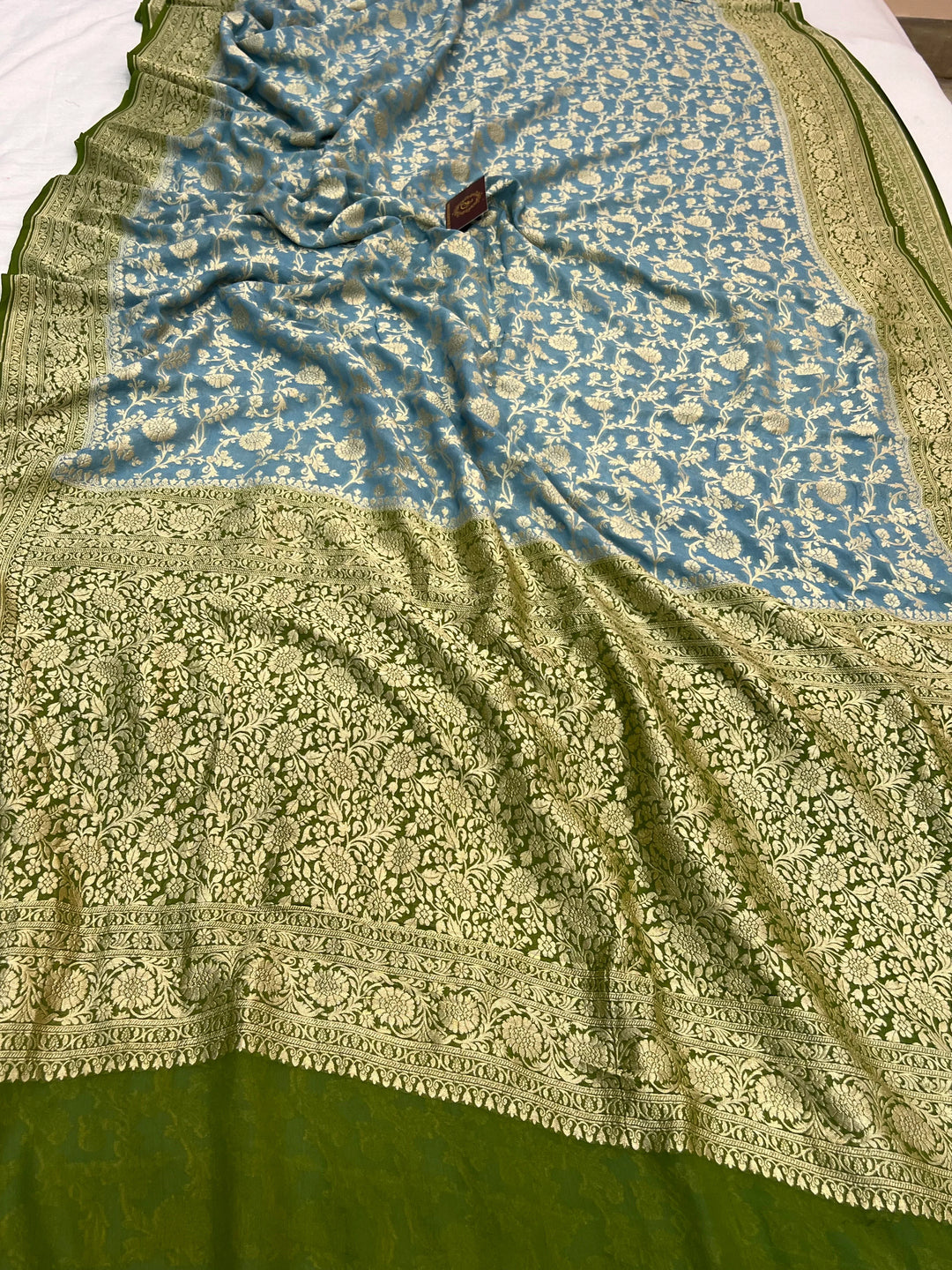 Greenish Grey Pure Banarasi Handloom Khaddi Georgette Saree