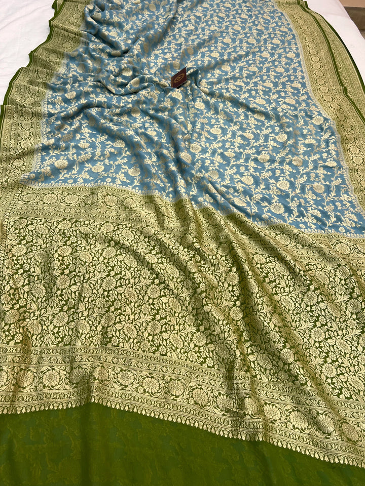 Greenish Grey Pure Banarasi Handloom Khaddi Georgette Saree