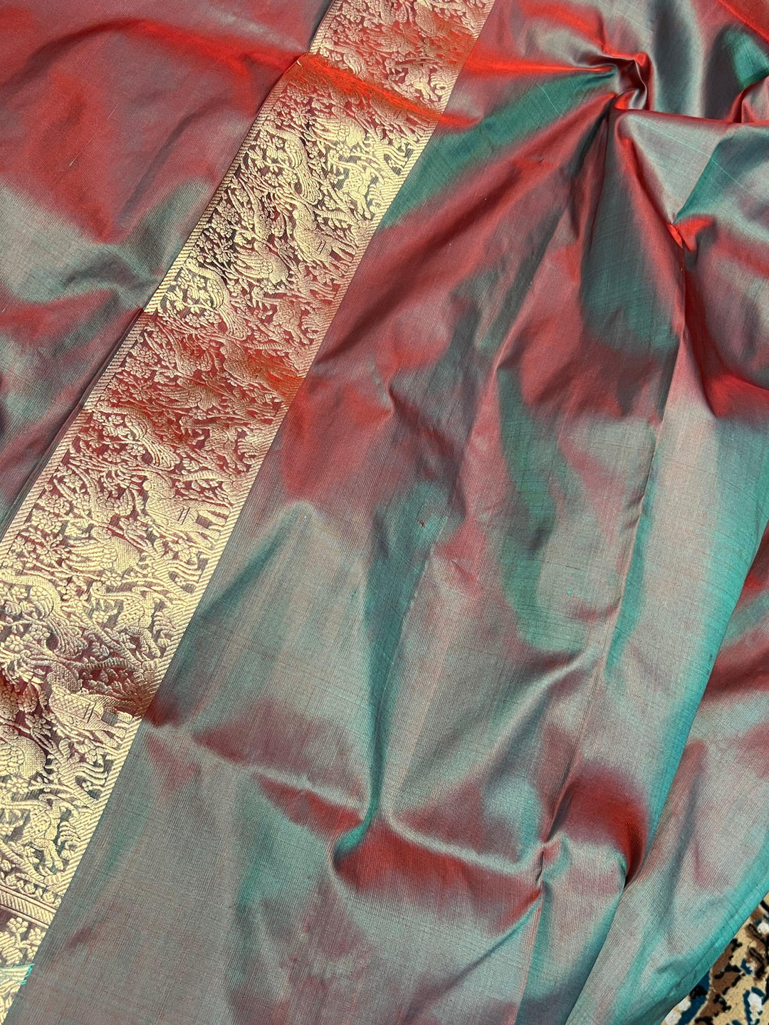 Greenish Red Banarasi Handloom Katan Silk Saree - Aura Benaras