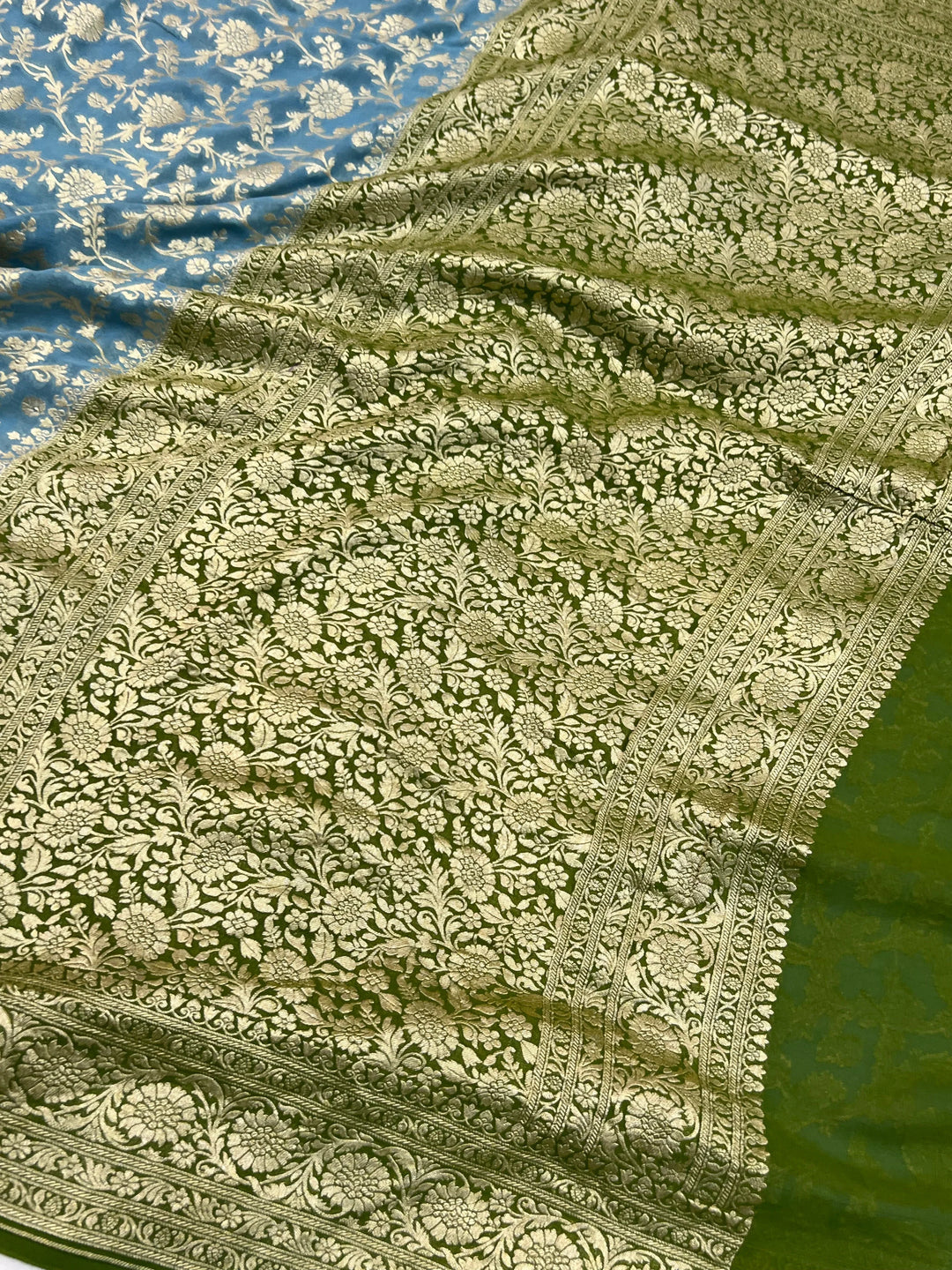 Greenish Grey Pure Banarasi Handloom Khaddi Georgette Saree