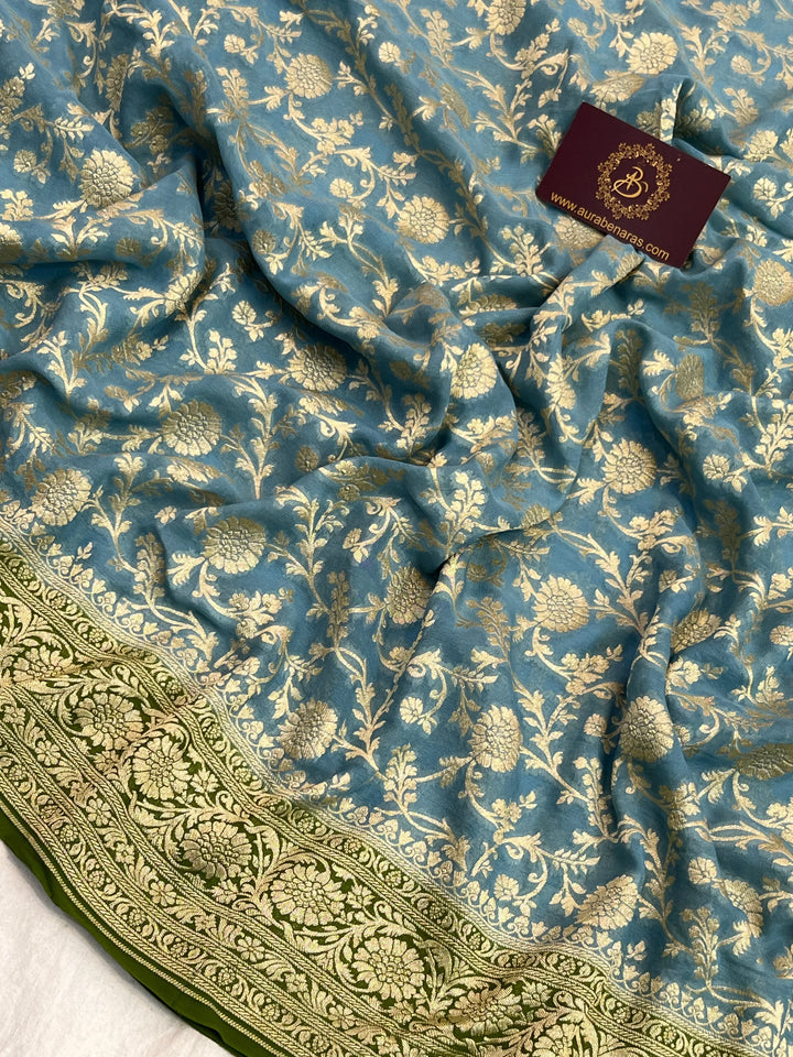 Greenish Grey Pure Banarasi Handloom Khaddi Georgette Saree