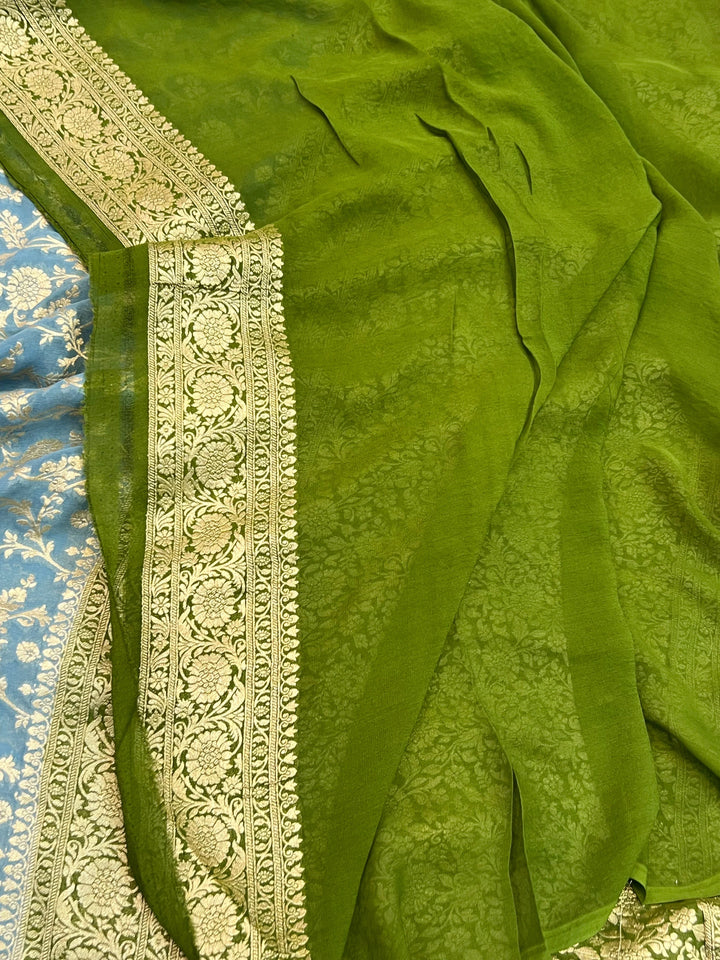 Greenish Grey Pure Banarasi Handloom Khaddi Georgette Saree