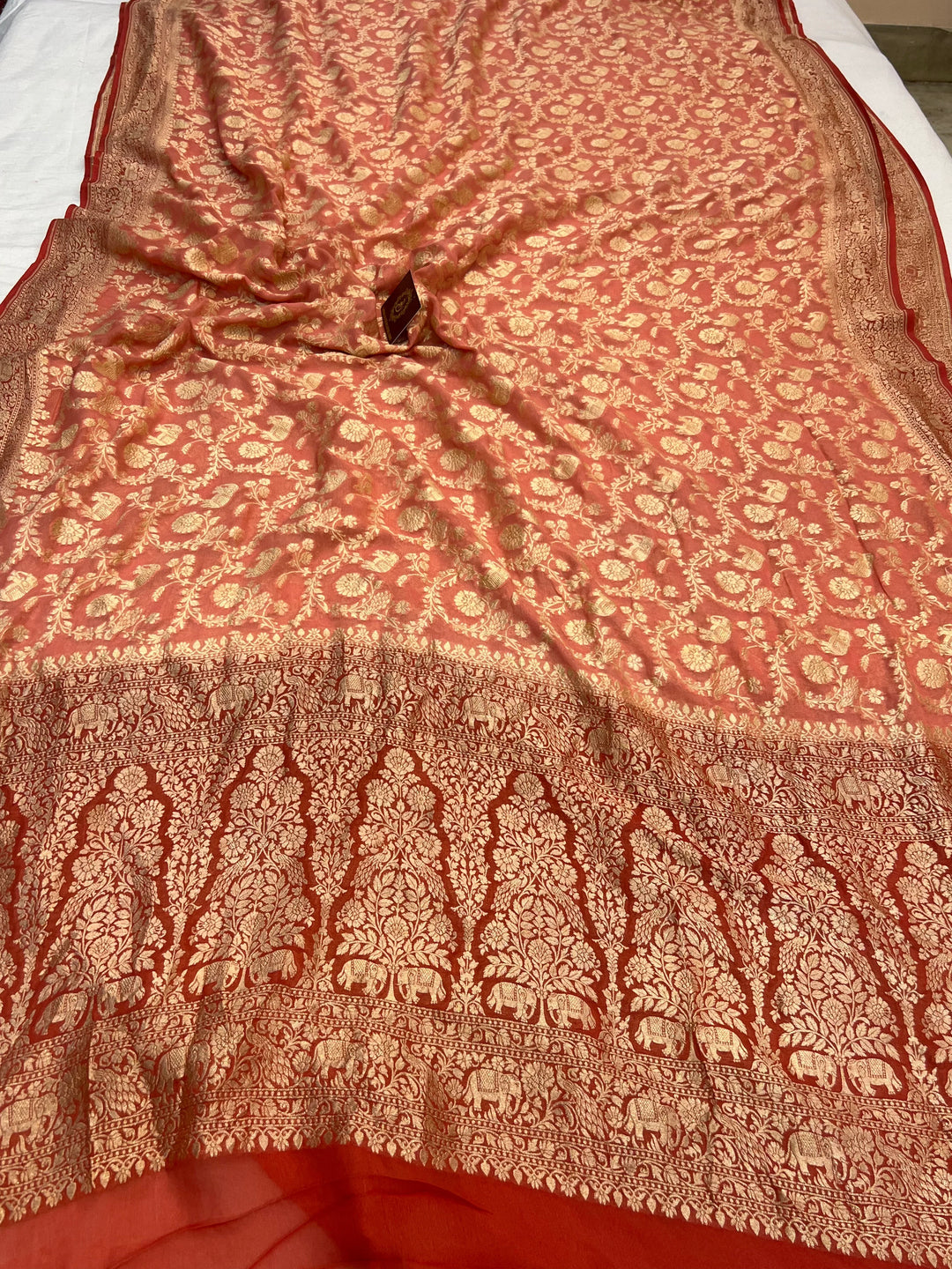 Peach Pure Banarasi Handloom Khaddi Georgette Saree