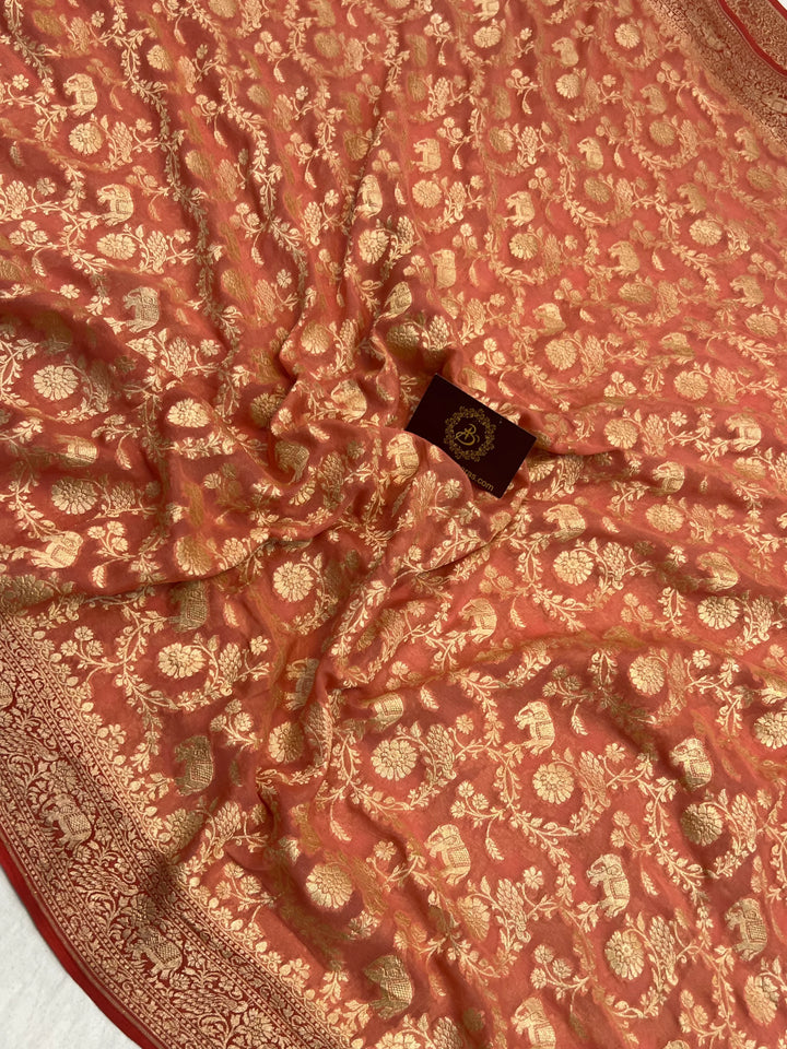 Peach Pure Banarasi Handloom Khaddi Georgette Saree