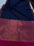 Navy Blue Banarasi Handloom Soft Silk Saree - Aura Benaras