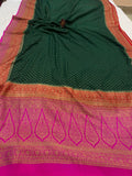 Bottle Green Pure Banarasi Khaddi Crepe Silk Saree - Aura Benaras