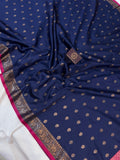 Navy Blue Banarasi Handloom Soft Silk Saree - Aura Benaras