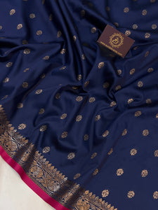 Navy Blue Banarasi Handloom Soft Silk Saree - Aura Benaras