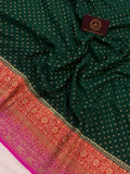 Bottle Green Pure Banarasi Khaddi Crepe Silk Saree - Aura Benaras