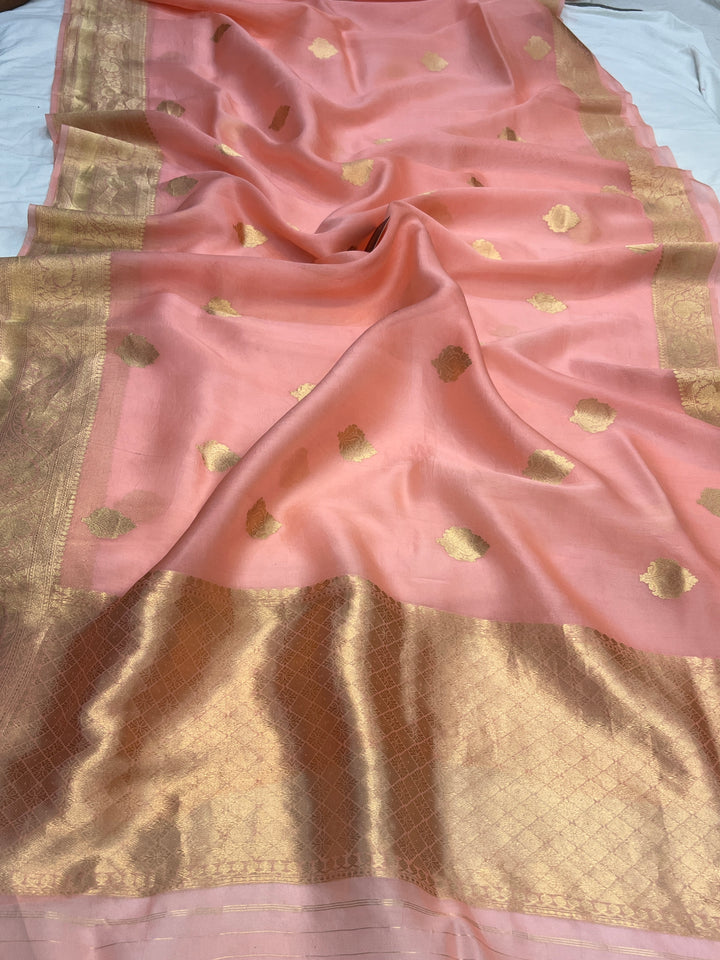 Peach Banarasi Handloom Kora Silk Saree