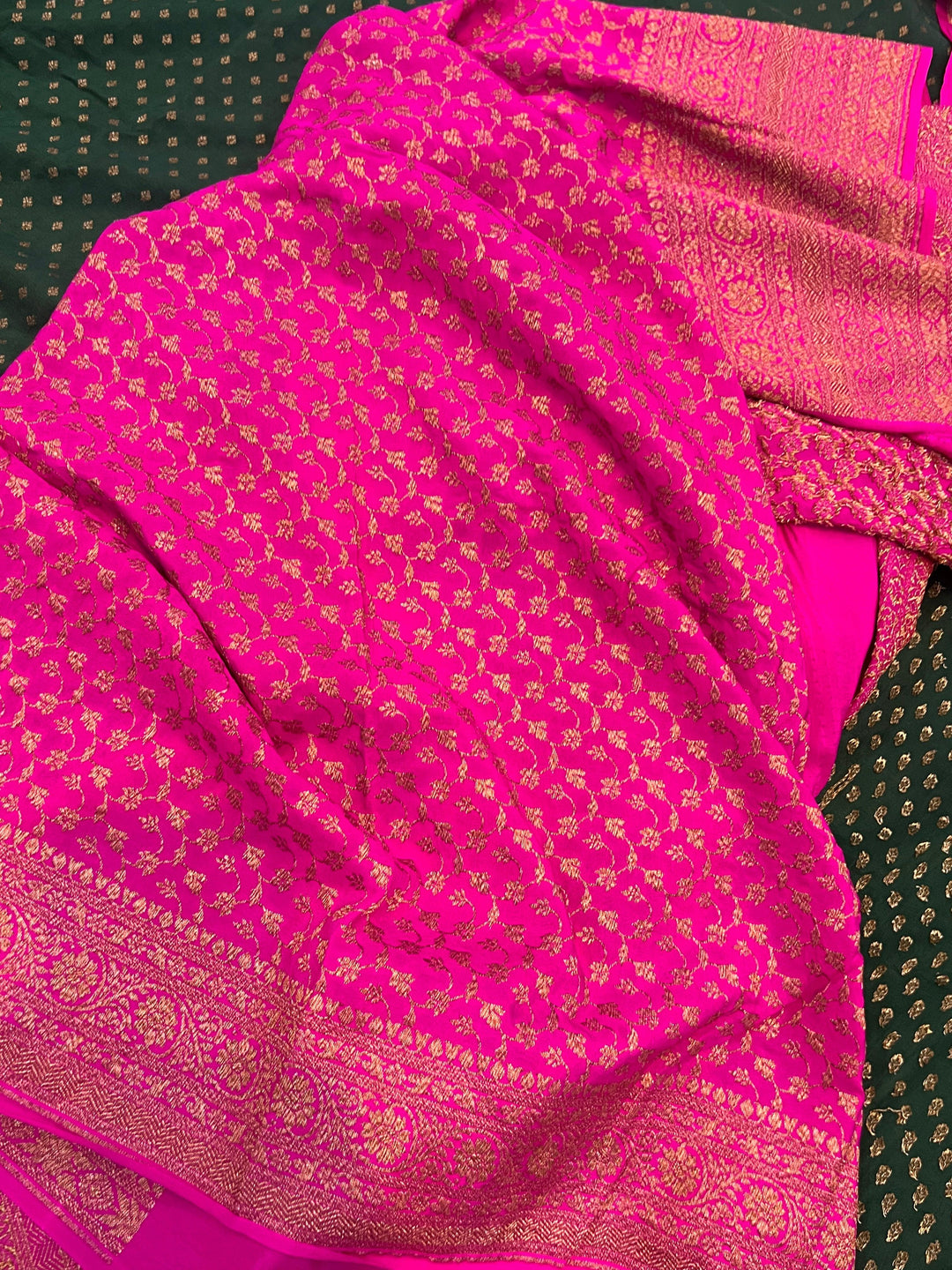 Bottle Green Pure Banarasi Khaddi Crepe Silk Saree - Aura Benaras