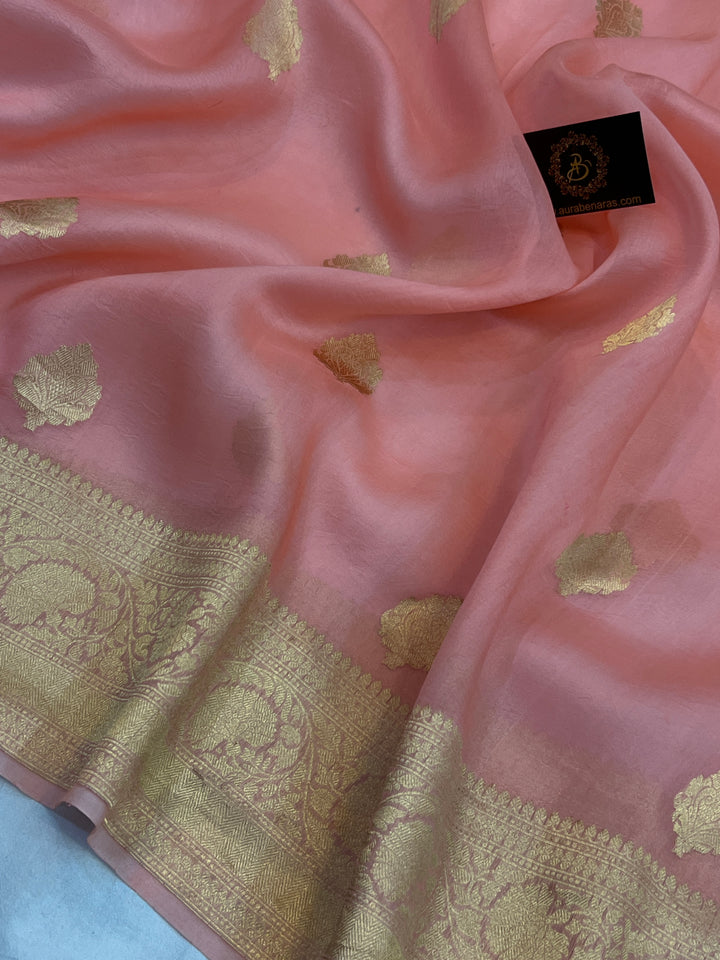 Peach Banarasi Handloom Kora Silk Saree