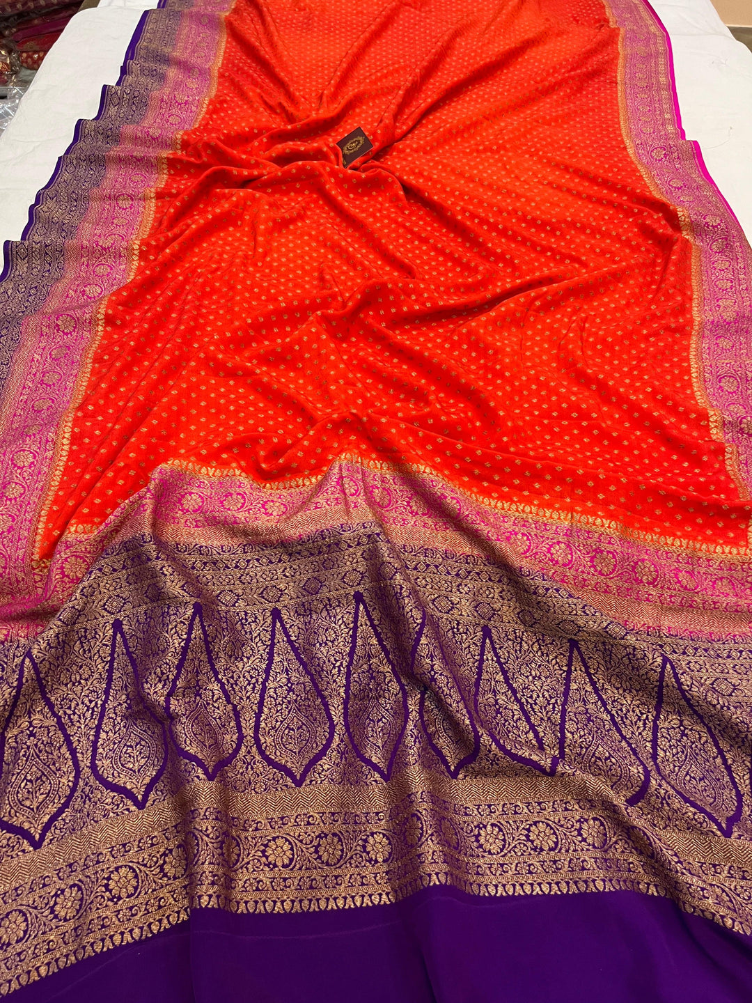 Orange Pure Banarasi Khaddi Crepe Silk Saree - Aura Benaras