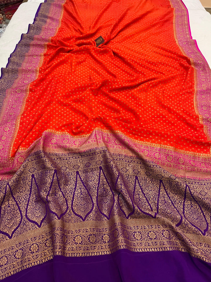 Orange Pure Banarasi Khaddi Crepe Silk Saree - Aura Benaras