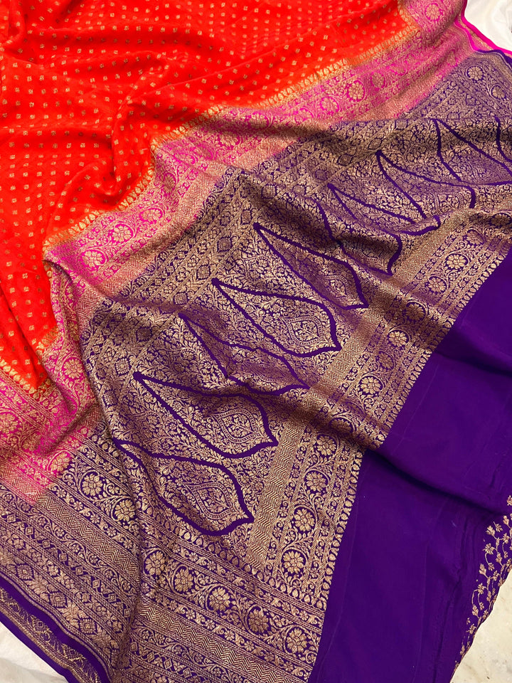 Orange Pure Banarasi Khaddi Crepe Silk Saree - Aura Benaras