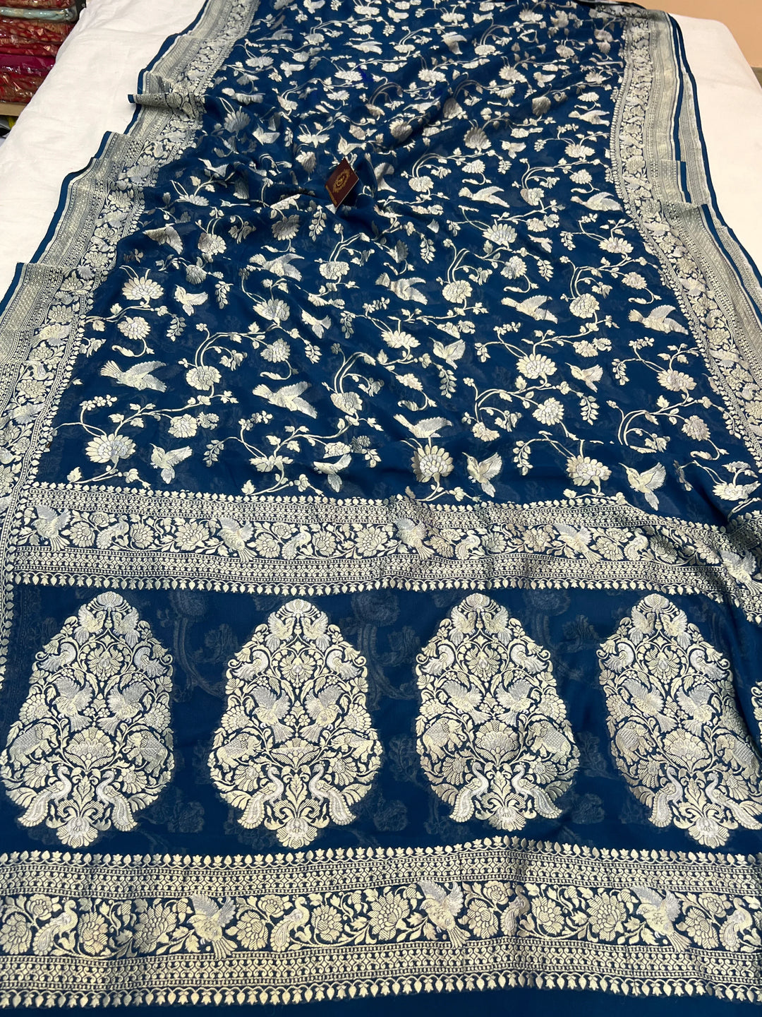 Teal Blue Pure Khaddi Georgette Shikargaah Banarasi Saree 