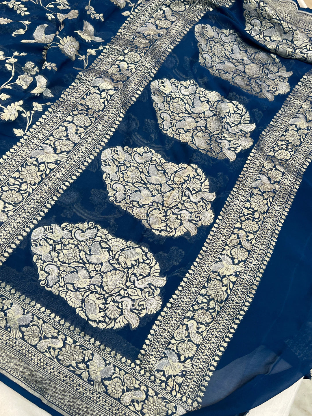 Teal Blue Pure Khaddi Georgette Shikargaah Banarasi Saree 