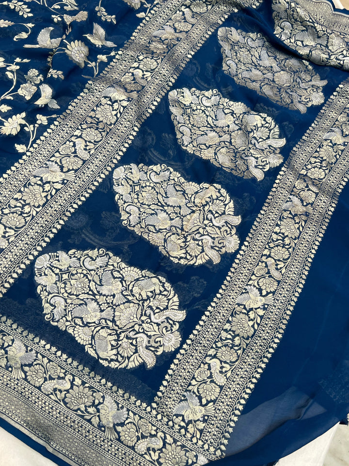 Teal Blue Pure Khaddi Georgette Shikargaah Banarasi Saree 